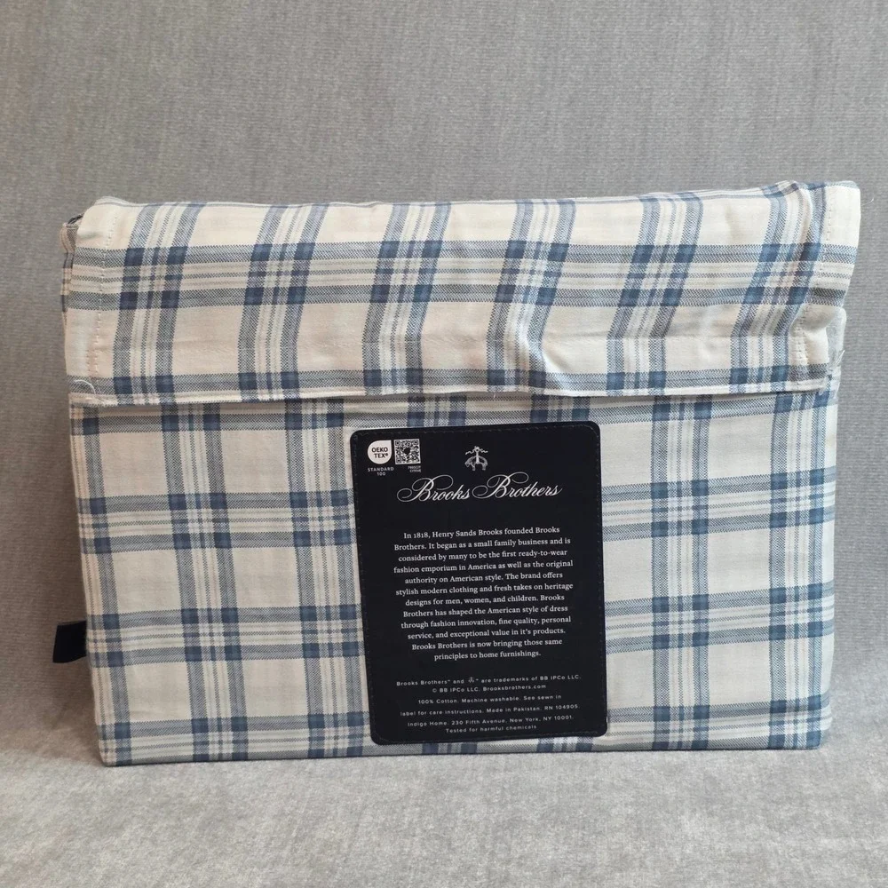Brooks Brothers Queen Sheet Set 4pc Blue White Plaid 100% Cotton Heritage Preppy